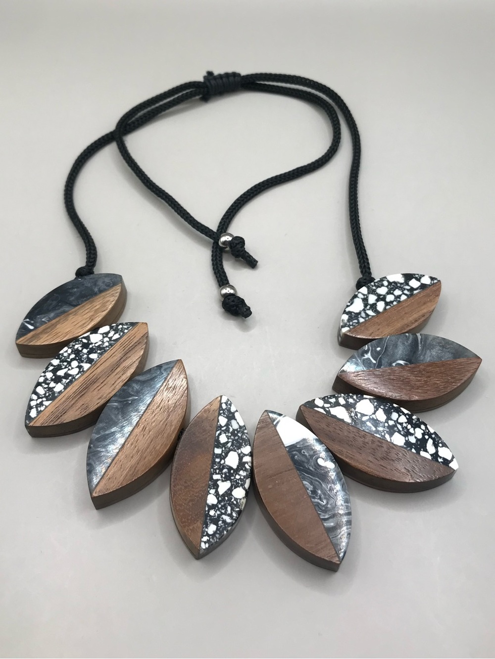Black, White & Brown Geometric Wood & Resin Statement Necklace - Picture 4 of 7